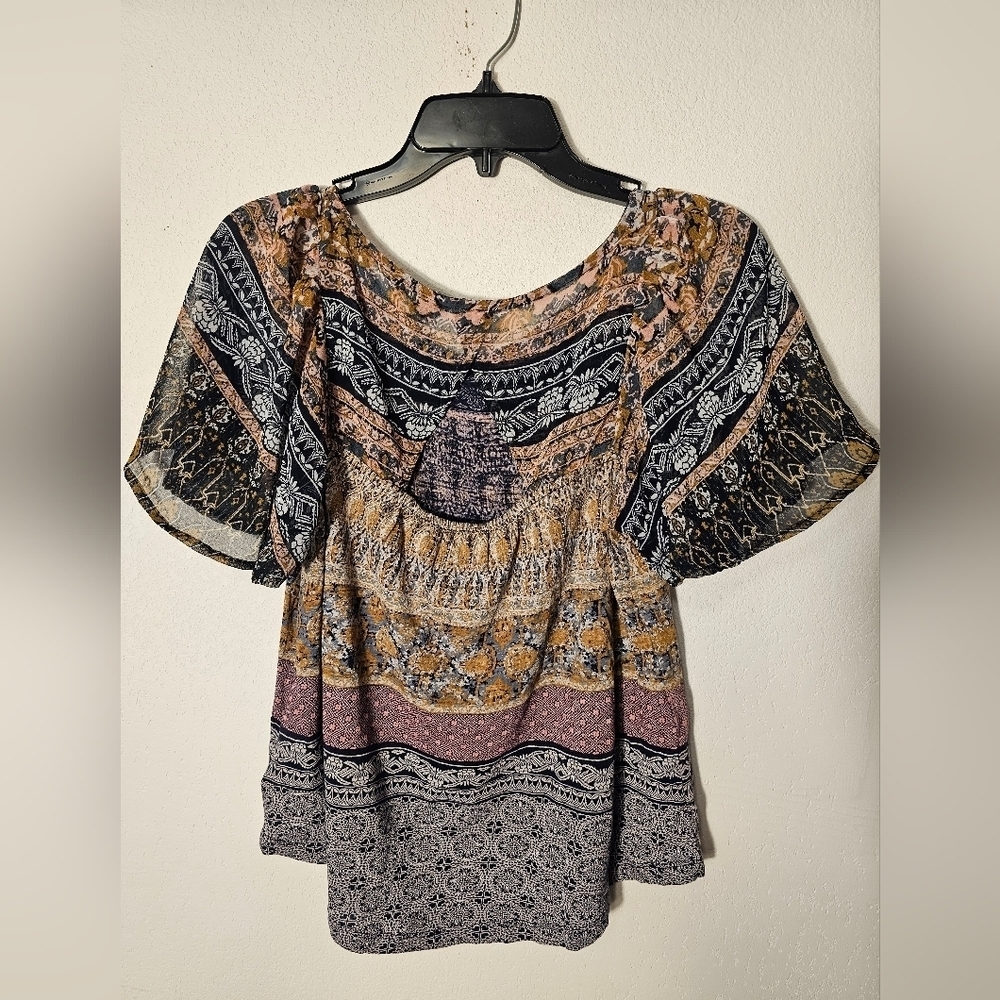 Lucky Brand Bohemian Multicolor Women's Top with Triangle Cut-Out Size S/P NWOT - Picture 5 of 8